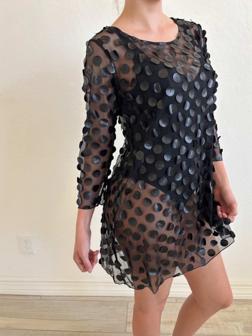 Fleece Chemise Black Mesh Dress with 3D Textured "Saucer" Polka Dots , Sz Small